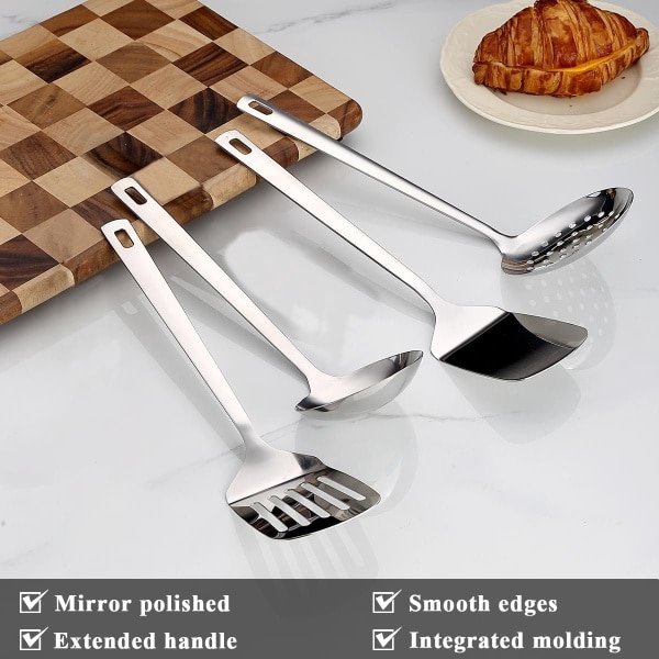 Famanu - Roestvrijstalen keukengerei set 4 stuks, kookgerei set inclusief metalen spatel set, keuken skimmer, soep pollepel, keuken gadgets keuken essentials