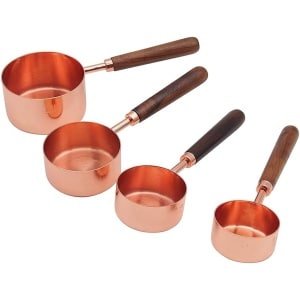 Famanu - maatbekers set met walnoot handvat 4-delig roségoud, meetbekers voor bakken koken en keuken accessoires