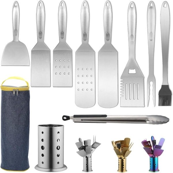 Grill accessoires kit 10 stukken met keuken utensil houder - BBQ barbecue tools set - roestvrijstalen handgreep - hittebestendig en geen smelten of loskomen