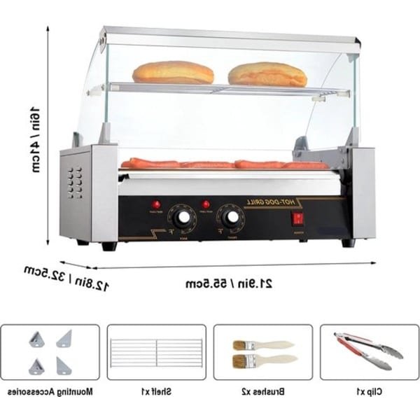 Hotdog Grill Machine - Hotdog Grill - Hotdogroller - 7 RVS Rollen - 750W - Elektrische Grill - met Deksel - Twee Temperatuurregelaars - Spatwand en plank - voor Keuken - en Feestjes - Capaciteit 12 Stuks