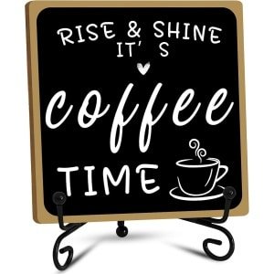 Houten Koffiebarschild Decor - Zwart-Wit met IJzeren Standaard - Koffiestation - Boerderij - Keuken - Kantoor Accessoires - Tafeldecoratie