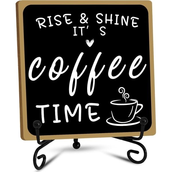 Houten Koffiebarschild Decor - Zwart-Wit met IJzeren Standaard - Koffiestation - Boerderij - Keuken - Kantoor Accessoires - Tafeldecoratie