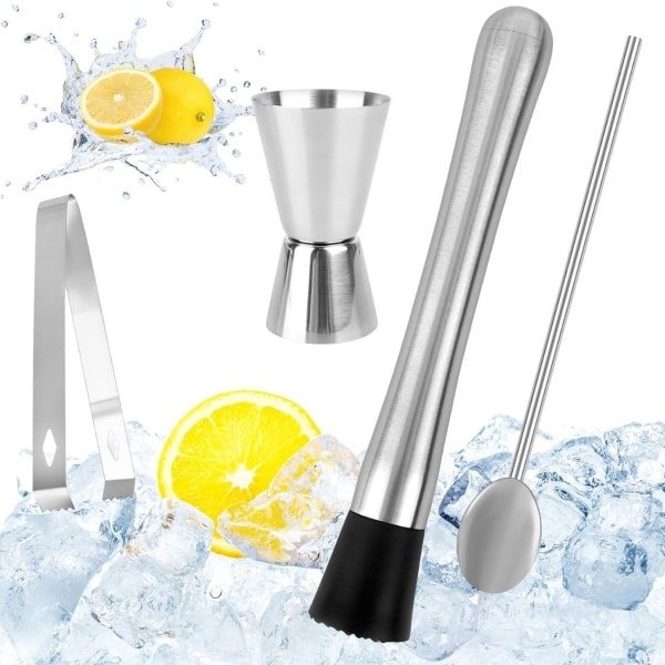 IJscrusher - Roestvrijstalen Cocktail Stamper met Cocktaillepel - Barman Set - Mojito Stamper - IJsvergruizer - Stamper - Shaker met Maatbeker - Bar Accessoires voor Keuken - Restaurant