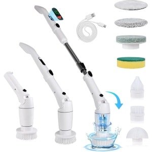 JGS Premium - Elektrische reinigingsborstel met 8 verwisselbare borstelkoppen, verstelbare lengte greep - 64-119 cm, 2000 mAh batterij Spin Scrubber met 2 modi, LED-stroomindicator voor keuken en badkamer.