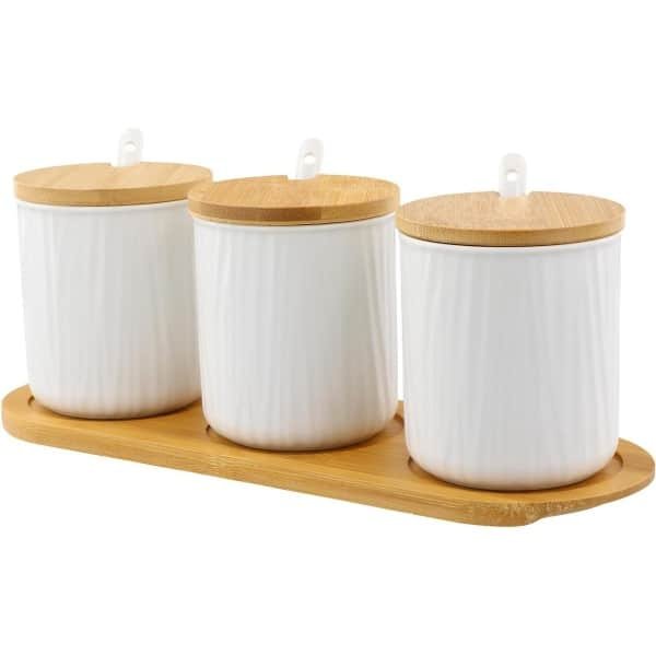 Keramieken suikerpot set met houten lepels - Geschikt voor suiker, kaas en kruiden - Huis en keuken accessoires met 300 ml capaciteit - 3-delige set