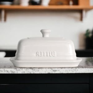 Keramische botervloot met deksel - Grote boterhouder voor aanrecht - Wit - 127 x 19 cm - 2 sticks - Keuken accessoire