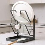 Keuken dekselhouder met opvangbak en lepelrek - Ruimtebesparende organizer voor pannen, snijplanken en accessoires