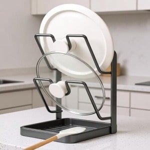 Keuken dekselhouder met opvangbak en lepelrek - Ruimtebesparende organizer voor pannen, snijplanken en accessoires