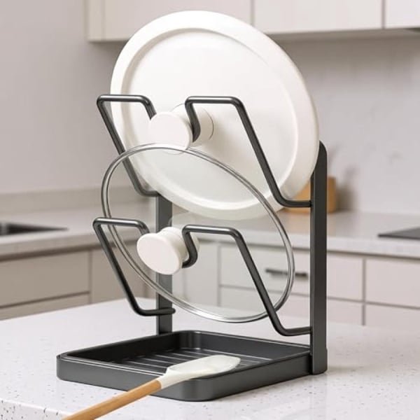 Keuken dekselhouder met opvangbak en lepelrek - Ruimtebesparende organizer voor pannen, snijplanken en accessoires