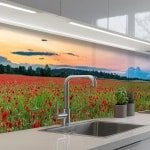 Keukenachterwand Zelfklevend - Keukendecoratie Accessoires - Bescherming Keuken - Eenvoudige Montage - 60x350 cm - Klaprozen Landschap