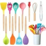 Keukengerei Set - 11-delige Kleurrijke Siliconen en Houten Kookgerei Set met Keuken Gadgets