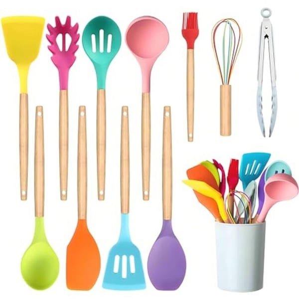 Keukengerei Set - 11-delige Kleurrijke Siliconen en Houten Kookgerei Set met Keuken Gadgets