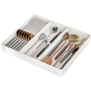 Keukenlade-organizer voor keukengerei, uitschuifbare lade voor kookgerei, verstelbaar bestekrek, plastic keukenspatel, organizer voor gereedschap en gadgets - wit