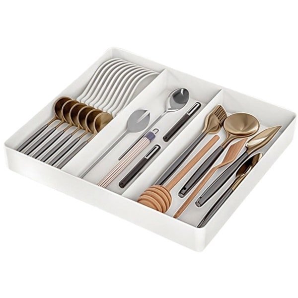 Keukenlade-organizer voor keukengerei, uitschuifbare lade voor kookgerei, verstelbaar bestekrek, plastic keukenspatel, organizer voor gereedschap en gadgets - wit