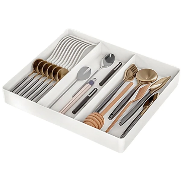 Keukenlade-organizer voor keukengerei, uitschuifbare lade voor kookgerei, verstelbaar bestekrek, plastic keukenspatel, organizer voor gereedschap en gadgets - wit