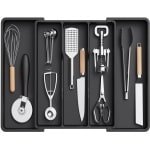 Keukenlade-organizer voor keukengerei, uitschuifbare lade voor kookgerei, verstelbaar bestekrek, plastic keukenspatel, organizer voor gereedschap en gadgets, groot formaat, zwart.