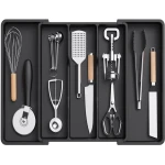 Keukenlade-organizer voor keukengerei, uitschuifbare lade voor kookgerei, verstelbaar bestekrek, plastic keukenspatel, organizer voor gereedschap en gadgets, groot formaat, zwart.