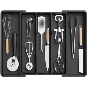 Keukenlade-organizer voor keukengerei, uitschuifbare lade voor kookgerei, verstelbaar bestekrek, plastic keukenspatel, organizer voor gereedschap en gadgets, groot formaat, zwart.