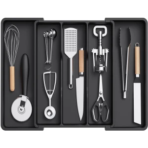 Keukenlade-organizer voor keukengerei, uitschuifbare lade voor kookgerei, verstelbaar bestekrek, plastic keukenspatel, organizer voor gereedschap en gadgets, groot formaat, zwart.