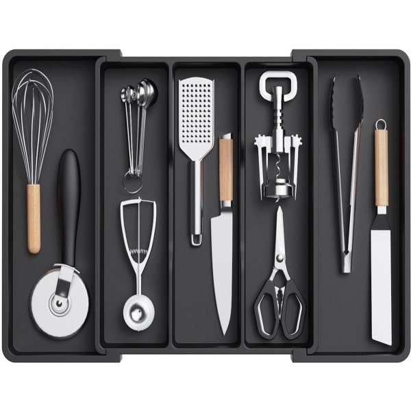 Keukenlade-organizer voor keukengerei, uitschuifbare lade voor kookgerei, verstelbaar bestekrek, plastic keukenspatel, organizer voor gereedschap en gadgets, groot formaat, zwart.