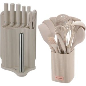 Klausberg - Keuken Set - Keuken Accessoires Set - 8-Delig - Messenset met Houder & 12-Delig - Siliconen Keukengerei Set - Beige