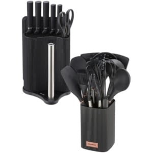Klausberg - Keuken Set - Keuken Accessoires Set - 8-Delig - Messenset met Houder & 12-Delig - Siliconen Keukengerei Set - Zwart