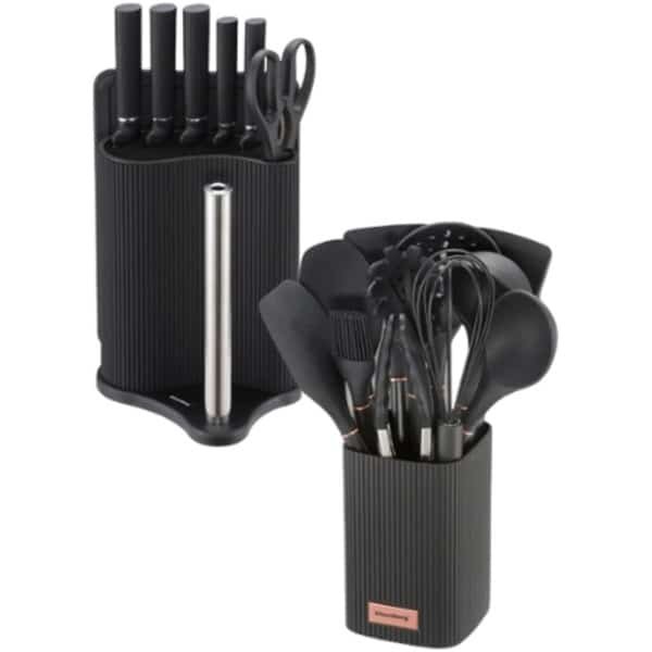 Klausberg - Keuken Set - Keuken Accessoires Set - 8-Delig - Messenset met Houder & 12-Delig - Siliconen Keukengerei Set - Zwart