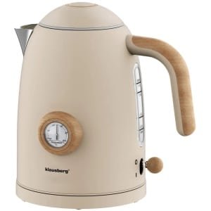 Klausberg - Waterkoker - Retro Waterkoker - Elektrische Waterkoker met Thermometer - Design Waterkoker met Houtkleur - Grote Waterkoker Keuken - Thee & Koffie Koker - 1.7L - RVS - 2200W - Beige