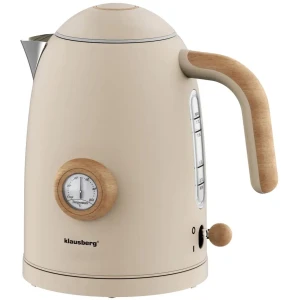 Klausberg - Waterkoker - Retro Waterkoker - Elektrische Waterkoker met Thermometer - Design Waterkoker met Houtkleur - Grote Waterkoker Keuken - Thee & Koffie Koker - 1.7L - RVS - 2200W - Beige