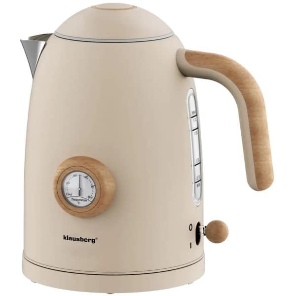Klausberg - Waterkoker - Retro Waterkoker - Elektrische Waterkoker met Thermometer - Design Waterkoker met Houtkleur - Grote Waterkoker Keuken - Thee & Koffie Koker - 1.7L - RVS - 2200W - Beige