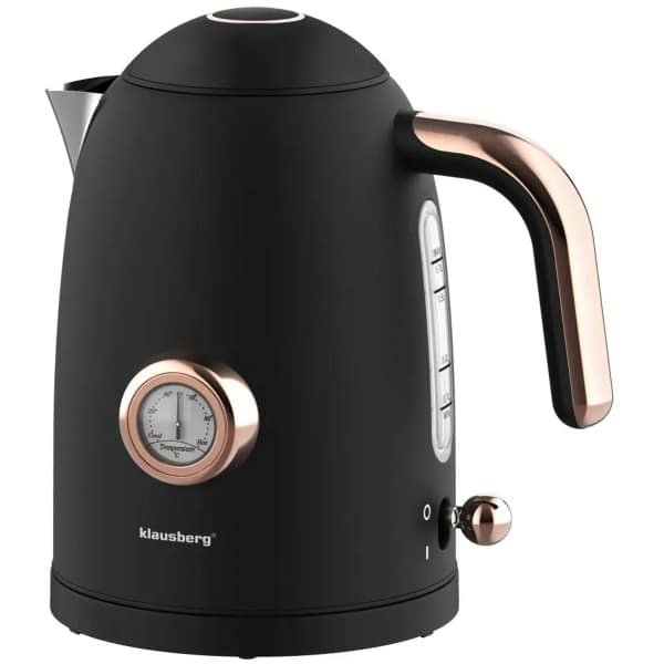 Klausberg - Waterkoker - Retro Waterkoker - Elektrische Waterkoker met Thermometer - Design Waterkoker met Rose Gold - Grote Waterkoker Keuken - Thee & Koffie Koker - 1.7L - RVS - 2200W - Zwart