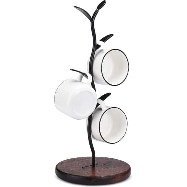 Kopjesstandaard, bekerhouder voor de keuken, bekerrek voor koffiekopjes en bekers, koffiebar-accessoires en keukenorganisatie (zwart, 4 haken)