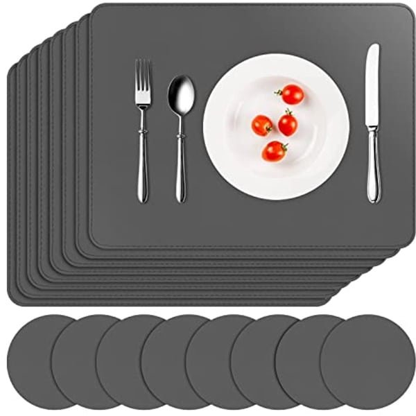 Kunstlederen Tafelmatten en Onderzetters 8 Stuks - Waterdicht, Dubbelzijdig en Antislip Keuken en Eetkamer Accessoires - 41 x 31 cm (Grijs)