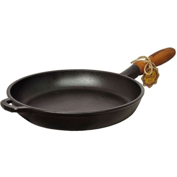 MAYSTERNYA Gietijzeren Koekenpan - ø 24 x 4 cm - Geschikt Voor Inductie - Houten Handvat - Pannen - BBQ Pannen - Pannenset - BBQ Accessoires - Barbecue - Keuken Cadeau - Cadeau - Cadeaupakket Geschenk - Steelpan - Zwart