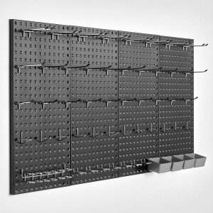 Metalen wasbordpanelen, 61 x 30,5 cm, 4 panelen, robuuste wandorganizer met accessoires voor thuis, garage, kantoor, opbergruimte voor gereedschap, doe-het-zelf, keuken, zwart