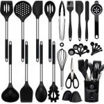NCUE Kookgerei Set, 28 stuks Siliconen Keukengerei Set met Houder, Siliconen Garde, Spatels, Schaar, Maatbekers en Lepels Set met RVS Handvat Keuken Gadgets (zwart)