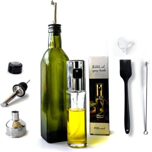 Olijfolie Fles - Olijfolie/ Azijn - 500 ML - Glazen Oliefles - Luxe Olie Fles - Navulbaar - Inclusief schenktuit, trechter en dop met kurk - Olijfolie Set - Olijfolie Sprayer inclusief accessoires - 100 ML - Olijfolie voor keuken - Cadeau