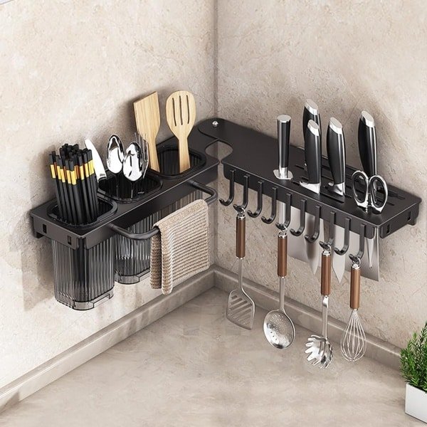 Opbergrek - Keuken accessoires organizer - Opvouwbare Messenhouder - 270° Verstelbaar - Bespaart Keukenruimte - 65x8.7x3cm - Zwart