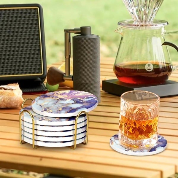 Paarse Agaat Onderzetters met Houders | Set van 6 | Moderne Marmeren Drink Onderzetters | Uniek Salontafel Decor | Cadeau voor Vrouwen | Bar & Keuken Accessoires