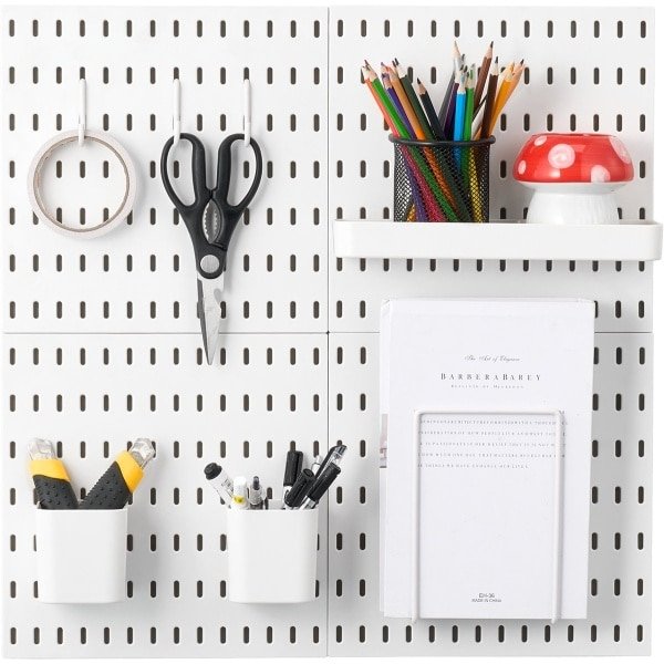 Pegboard combinatieset, 27,9 x 27,9 cm, kunststof pegboard, 4 panelen, wandopbergset met accessoires voor garage, gereedschapopbergruimte, keuken, woonkamer, hobbykamer, kantoor, wit