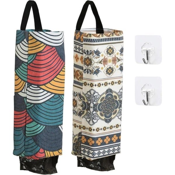 Plastic zakhouder set - handige dispenser voor boodschappentassen - inclusief 2 haken - set van 2 - kleurrijk - keuken accessoire.