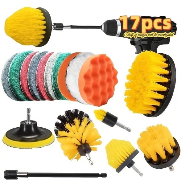 PolkaHome 17-delige Boorborstel Set - Elektrische Schrobborstels & Polijstpads met Verlengstuk - Voor Auto, Badkamer, Keuken, Tegels, Douche, Vloeren, Velgen & Meer - Herbruikbare Opzetstukken