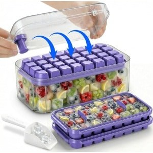 QTTVBTNA - 1 Stuk IJsblokjes vorm met bakje en deksel - 64 IJsblokjes Vorm Snel Lossysteem - 2 Trays + IJsemmer + Schep - Voor Dranken Koelen Koffie Thee Smoothies Sap en Keuken Gebruik - Herbruikbaar Praktisch en Duurzaam Kitchen Accessoire - Paars