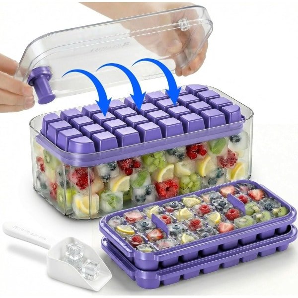 QTTVBTNA - 1 Stuk IJsblokjes vorm met bakje en deksel - 64 IJsblokjes Vorm Snel Lossysteem - 2 Trays + IJsemmer + Schep - Voor Dranken Koelen Koffie Thee Smoothies Sap en Keuken Gebruik - Herbruikbaar Praktisch en Duurzaam Kitchen Accessoire - Paars