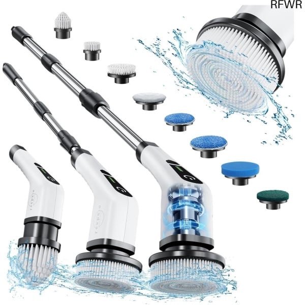 RFWR® Draadloze Elektrische Schrobber met 8 Opzetborstels voor Effectieve Schoonmaak in Badkamer, Keuken en Auto
