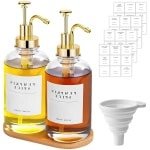 Set van 2 Glazen Dispensers voor Koffiesiroop met Gouden Pomp, 36 Labels en Trechter, 500ml, Ideaal voor Keuken en Bar Accessoires