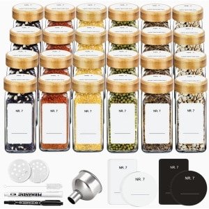 Set van 24 vierkante glazen kruidenpotjes 120 ml - luchtdichte kruidenpotjes met bamboe deksel, labels, trechter en shaker deksel - kruiden opslag set keuken organisatie en BBQ accessoires