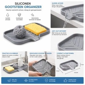 Siliconen Gootsteen Organizer met Afvoer - Keuken Dienblad voor Spons, Zeep & Scrubber - Spoelbak Accessoire - Aanrecht Organizer Grijs