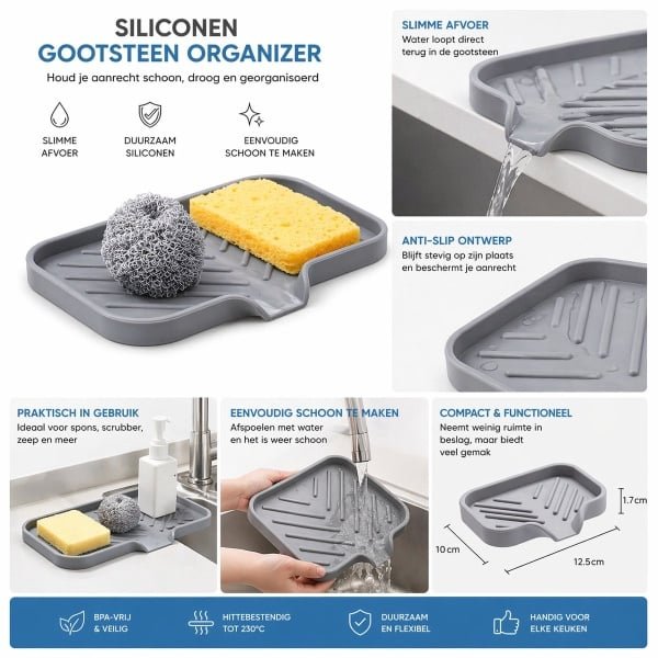 Siliconen Gootsteen Organizer met Afvoer - Keuken Dienblad voor Spons, Zeep & Scrubber - Spoelbak Accessoire - Aanrecht Organizer Grijs