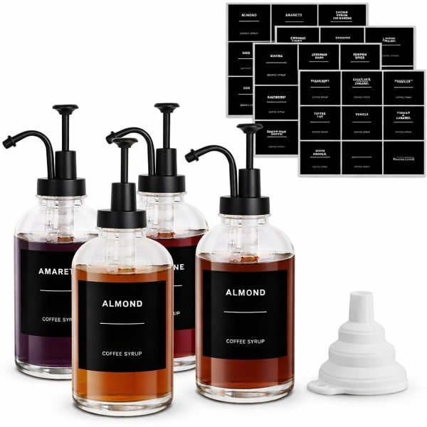 Siroop Dispenser Set 4 Stuks 500ml Glazen Siroopfles met Pomp - Lekvrij & Herbruikbaar - Inclusief 36 Labels & Trechter - Koffiebar Accessoire Honingdispenser Saus Dispenser Keuken Organizer